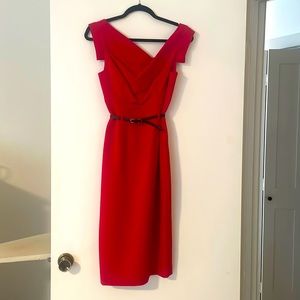 Black Halo “Jackie” Gabardine belted sheath Red Dress